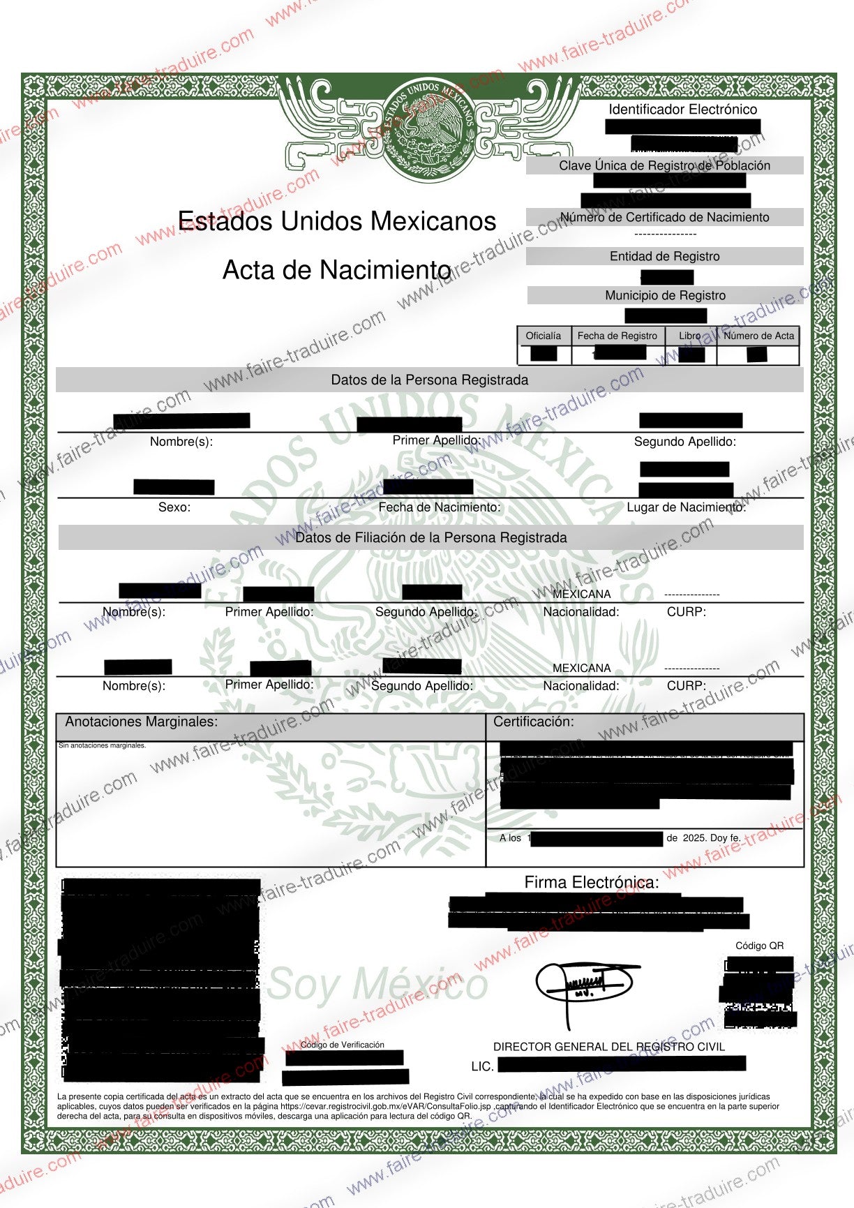 Traduction assermentée vers le français d'acte de naissance étranger