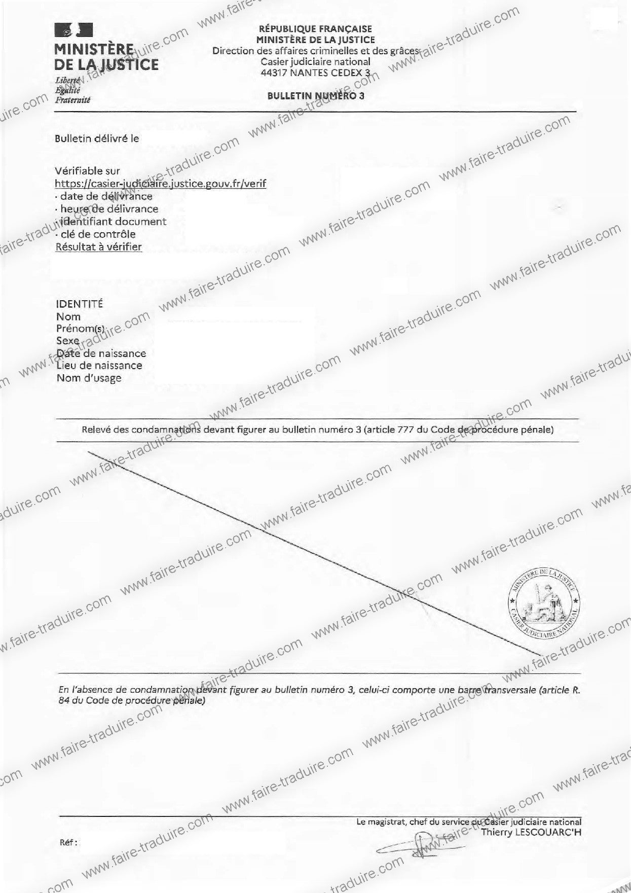 Exemple de bulletin n° 3 du casier judiciaire français à traduire assermentée