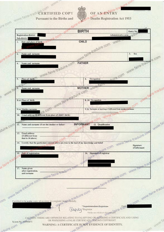 Traduction assermentée vers le français d'acte de naissance étranger